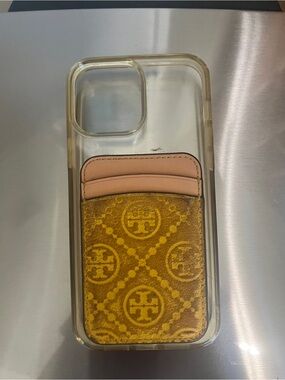 Tory Burch Yellow & Pink Logo Card Pocket Clear iPhone Case